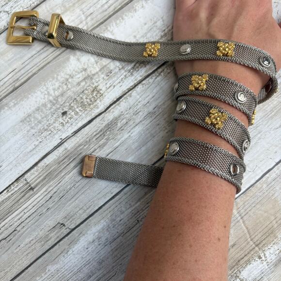 Metallic Mesh Metal Belt Gold Silver Tone Sz Sm 32” Edgy Y2K Utilitarian Floral - Picture 2 of 14